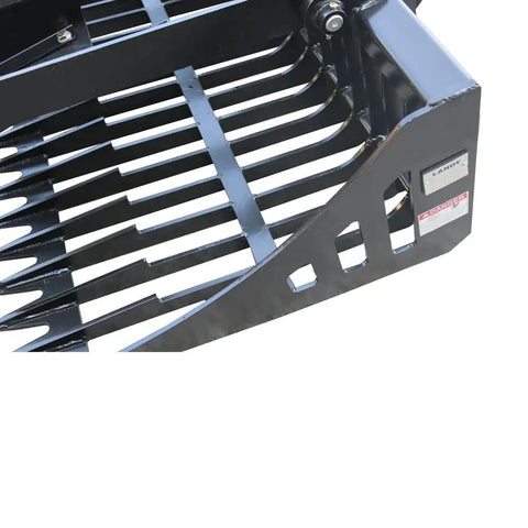 Side view of 84 Inch Skid Steer Rock Grapple Bucket With Universal Quick Attach Mount Heavy Duty Loader Attachment showing tines.