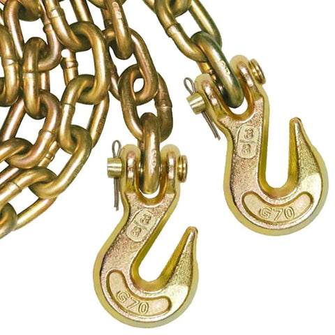 Hella Tough Grade 70 Cargo Chain Binders With Clevis Grab Hooks 3 8 Inch By 10 Feet 2 Pack close-up showing hooks and chains.