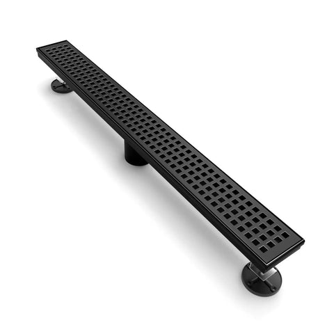 28 Inch Linear Shower Drain In Matte Black With Rectangular Floor Design, Removable Square Hole Cover And Hair Catcher, side view