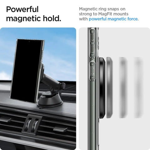 Fits Snug On Any Phone Case, Solid MagSafe Ring Plate Adapter For Wireless Charging, mounted on car dash with phone.