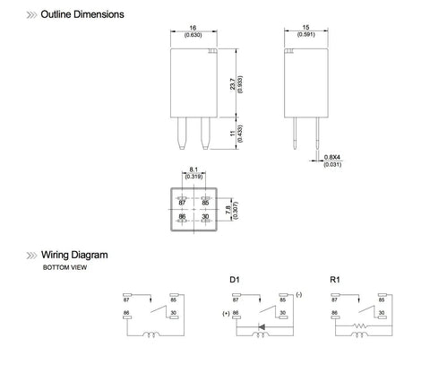 General Purpose Relay Pack Of Two 12VDC SPNO 20A Durable Industrial Control Relays Model 303-1AH-C-R1-U01 wiring diagram and dimensions