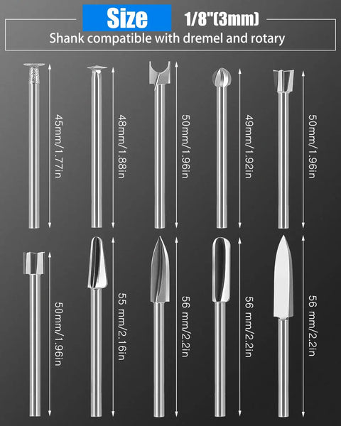 10 Piece Rotary Tool Bits Set For Wood Carving Engraving And Detail Work With 1/8 Inch Shank showing various bit sizes for precision crafting.