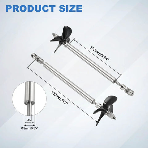 Heavy Duty Drive Shaft With Four Blade Propeller Kit For 2mm RC Boat Motors, stainless steel, 150mm shaft, 100mm sleeve, 55mm propeller.
