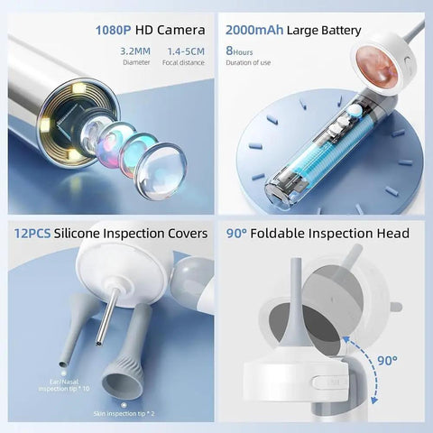 Otoscope Ear Camera With Light And Built In One Point Four Inch HD Screen Plug And Play Ear Scope For Quick No Fuss Home Checks 1080P Clarity USB PC Compatible No Apps Needed For Viewing, white handheld design