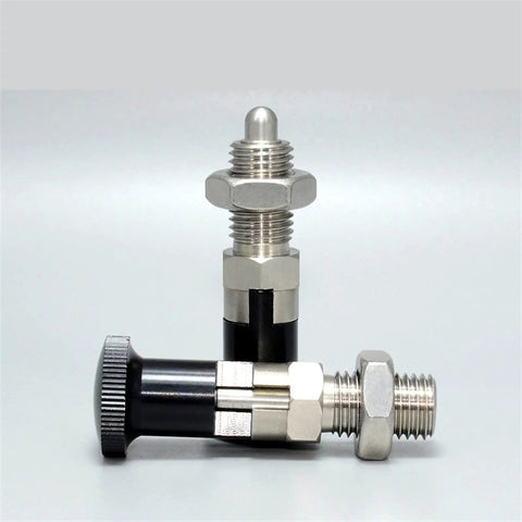 Heavy Duty Index Plunger With Built In Spring Lock Pin And Slick Aluminum Knob Screw featuring metal construction and smooth black knob.