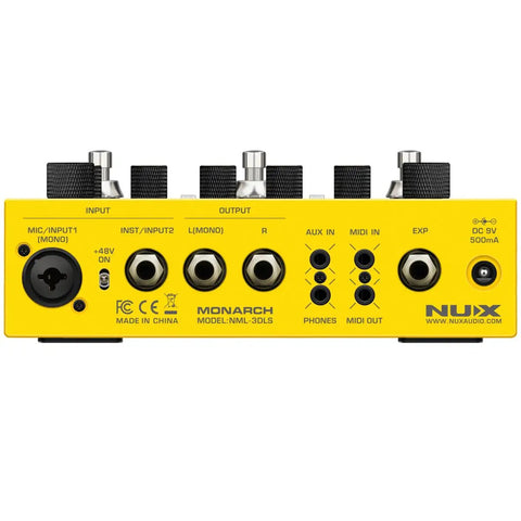 Back view of Dual Track Stereo Looper Pedal For Electric Guitar With Dual Drum Machine inputs and outputs.