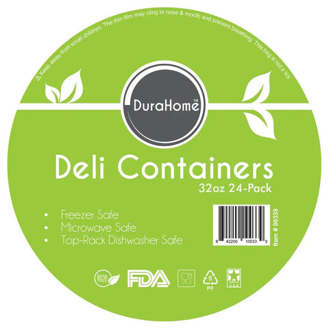 Label of 32 Oz Deli Style Food Storage Containers with Lids Pack of 24 for Grab and Go Takeout and Meal Prep