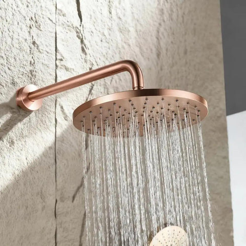 Top Shelf Thermostatic Shower System Wall Mount Concealed Set Rose Gold Showerhead with steady warm flow feature.