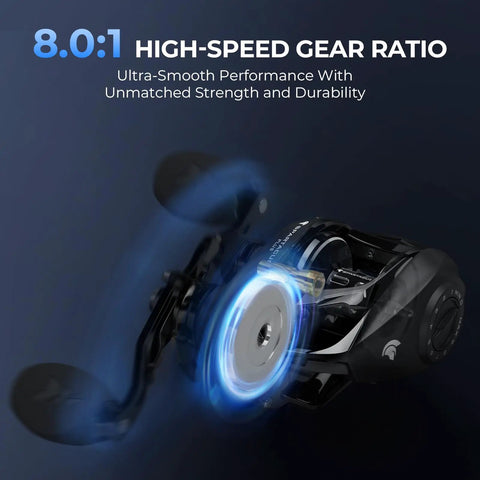 Spartacus II Plus Baitcasting Reel With DualBalance Magnetic Braking For Smoother Casts And Fewer Backlashes Eight To One High Speed Gear Ultralight Weight Seven Plus One MaxiDur Bearings Built For Real Freshwater And Light Saltwater Fishing showing the 8.0:1 high-speed gear ratio and reel handle focus.