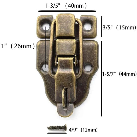 Bronze Ten Pack Metal Duckbilled Box Hasp Toggle Latch Catch size dimensions with screw for Wooden Boxes and Tool Chests