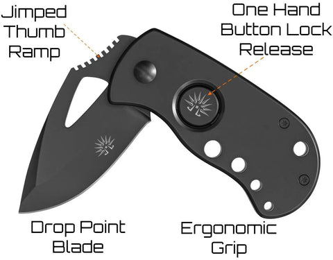Slick Blackout Pocket Tank Folding Utility Knife Built Tough For Daily Grind Featuring Razor Sharp Japanese AUS8 Steel Blade, ergonomic grip and one hand button lock.