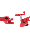 Three Quarters Inch Hand Crank Vertical Pipe Clamp Fixture For Woodworking, Cast Iron Spring Clip, red clamps on white background.