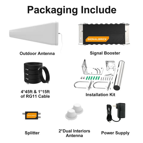 Heavy Duty Cell Phone Signal Booster With Two Indoor Dome Antennas For Buildings Up To 12000 Sq Ft installation kit components including outdoor antenna.