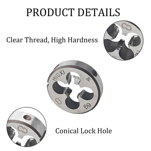 Left Hand M10 X 1.0 Tap And Die Set High Speed Steel Threading Kit showing die details, conical lock hole, clear thread, high hardness.