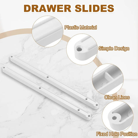 12 Pack White Plastic Drawer Slides 300 Millimeters Side Mounted Grooved Tracks With Screws shown on a marble background.