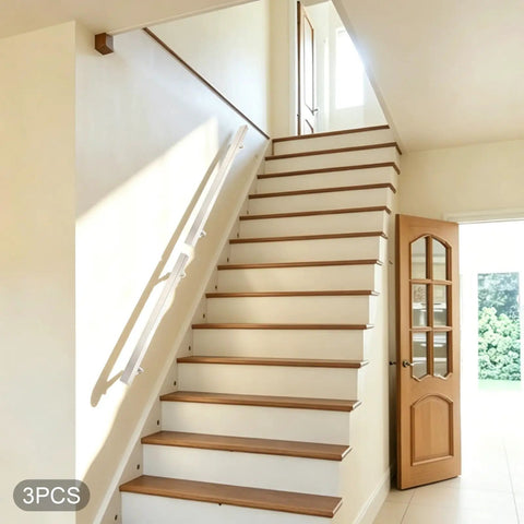 Heavy Duty Wall Mounted Stair Handrail Stainless Steel Safety Rail For Indoor Outdoor Use With Foolproof Pre Drilled Mounting And Solid 200 Pound Grip Support Finish on bright staircase with wooden steps.