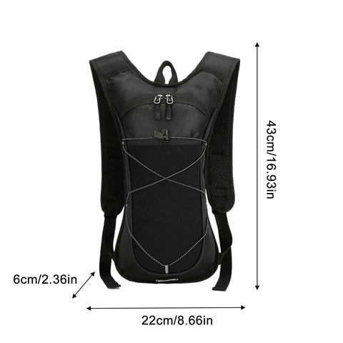 Front view of Hydration Backpack With Nylon Reservoir And Reflective Strips, Lightweight, Weatherproof nylon pack with dimensions