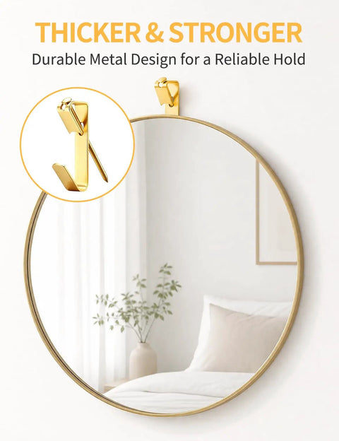 270 Piece Picture Hanging Kit With Nails Heavy Duty Hooks Holds 10 To 100 Lbs Assorted Sizes For Gallery Walls Easy DIY Setup No Hassle Trip To The Hardware Store, gold metal hook on mirror