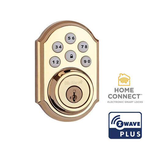 SmartCode 910 Z Wave Plus Deadbolt With Keyless Entry And Illuminated Keypad, Polished Brass Finish, Front View