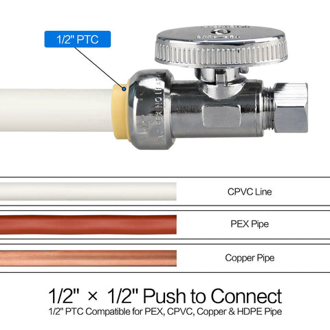 2 Pack Solid Brass Straight Stop Valves Quick Connect Shut Off Fittings 1/2 Inch PTC To 3/8 Inch Compression Output showing chrome valve and pipes.