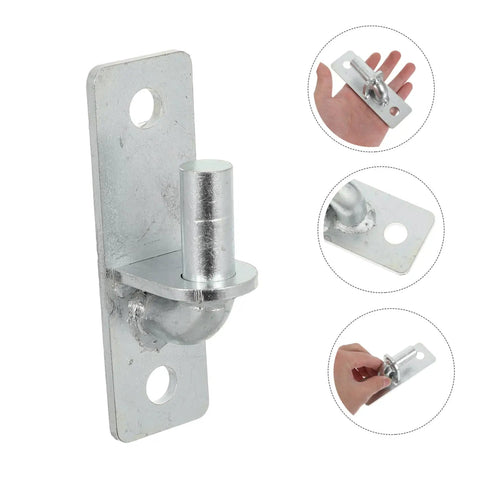 Four Pack Wall Mount Fence Gate Hinges Built Hell Sturdy For Dead Quiet Swings And Dang Easy Setup With Solid Half Inch Pins close-up view showing silver hinge and half inch pin for rustic gates.