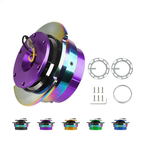 Universal Aluminum Quick Release Steering Wheel Hub Adapter Kit For Cars with purple accent and installation components.