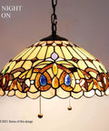 Tiffany Style Pendant Light Fixture Serenity Victorian Stained Glass Hanging Lamp, 16 Inch Wide, illuminated with pull chain.