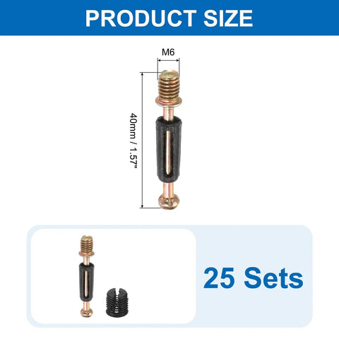 25 Pack Black Cam Lock Screws M6x40mm Zinc Alloy And Plastic Furniture Hardware Connectors with measurement details.