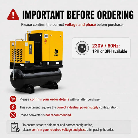 Workhorse Pro Grade Variable Frequency Drive Rotary Screw Air Compressor System With 39 CFM At 125 PSI, 80 Gallon ASME Tank, Refrigerated Dryer, 10HP 7.5KW, Single Or Three Phase 208-230V Industrial Base yellow compressor with 80-gallon tank, 230V 1PH/3PH notice