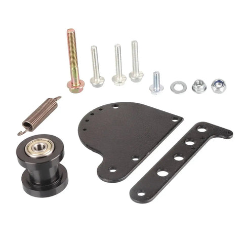Rock Solid Chain Tensioner Spring Kit For Stroke Engine Electric Bikes And Motocross With Adjustable Roller Accessory To Stop Loopy Chains And Keep Your Ride Smooth For Long Hauls Without Hassles. Black chain tensioner kit with roller, spring, plates, bolts and nuts.