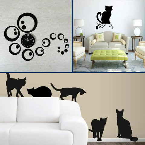 Living room decor with black cat and geometric wall decals, creative wall art in a modern setting, featuring clocks and silhouettes.