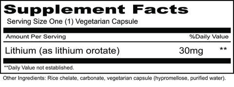 Supplement facts label for Lithium Orotate 30mg, 100 Vegetarian Capsules For That Everyday Mood And Immune Boost, Natural Non-GMO Formula, Gluten Free, Made In USA In FDA CGMP Facility.