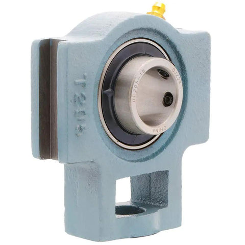 Side view of Two Pack Mounted Unit Bearing Take Up Assembly With Cast Iron Housing T205 And UC20516 Insert Bearing 1 Inch Shaft