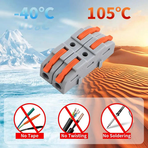 50 Pack Lever Wire Nuts Tool Free Quick Connect Wire Connectors Heavy Duty Splicing Terminal Blocks For Home Auto And Electrical Jobs Rated 450 Volts with orange levers.