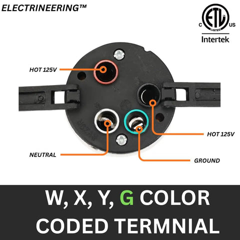 Beefy 50A 125 To 250V Twist Lock Plug CS6365C SS2-50P ETL For Generator Cords RV Shore Power Marine Applications Transfer Switches And Replacement Cables Now. Rear terminal view, nylon body, color coded W,X,Y,G