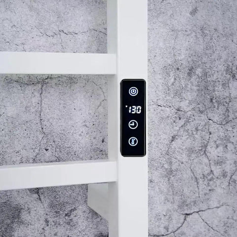 6 Bar Electric Towel Warmer Rack Wall Mount Plug In Bath Towel Heater Black Finish Timed Heating digital display close-up