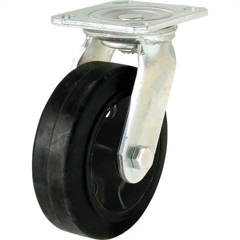 Rock Solid 6 Inch Rubber Swivel Plate Caster with steel hub and rubber wheel suitable for heavy-duty carts rated at 410 lbs.