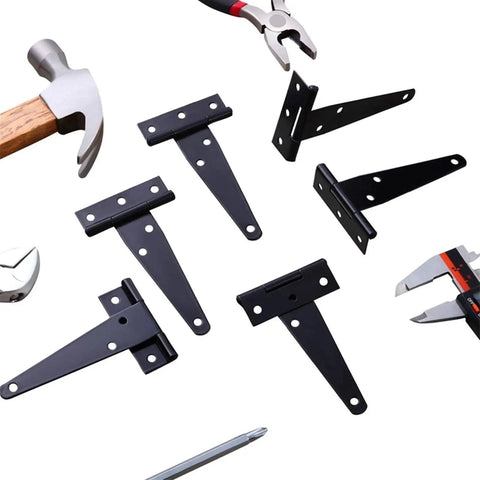 Six Piece 4 Inch T Hinge Set For Doors And Gates, Rust Proof Black Hardware, Heavy Duty Stainless Steel Hinges shown with tools