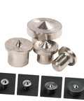 Dowel center points from 16 Piece Shelf Pin Drilling Jig And Dowel Center Points Kit, showing various sizes, metallic finish.