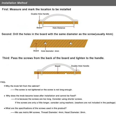 Installation guide showing steps to install 4 Pack Soft Genuine Leather Drawer Pulls Handles for cabinets and closets