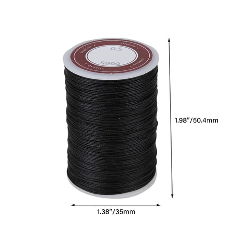 Rock Solid Waxed Thread For Leather Sewing And Bookbinding Hella Durable Half Millimeter Black Cord on spool, measures 1.98" tall.