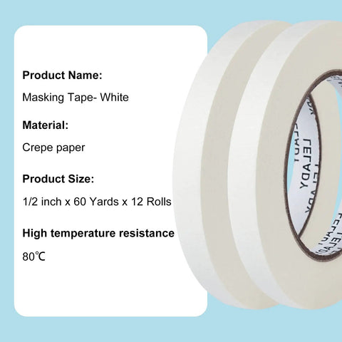 Half Inch Masking Tape 60 Yards Per Roll 12 Rolls White No Residue Painters Tape For Painting Crafts Diy Projects