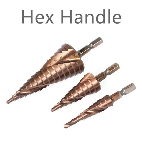 Super Sharp Hss M35 Cobalt Step Drill Bits Set For Stainless Steel And Metal, High Speed Spiral Flute Design With Hex Shank, Perfect For Heavy Duty DIY Projects And Precision Hole Cutting Tasks Like A Boss. Three M35 cobalt step drill bits with hex shank