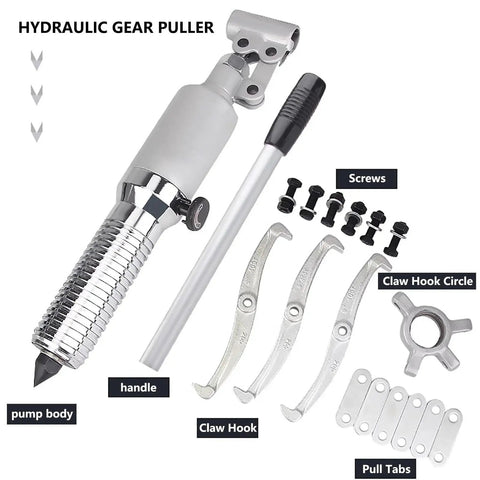 Hella Sturdy Hydraulic Gear Puller Kit Featuring Rapid Jaw Setup includes pump handle, adjustable claws, and screws for easy use.