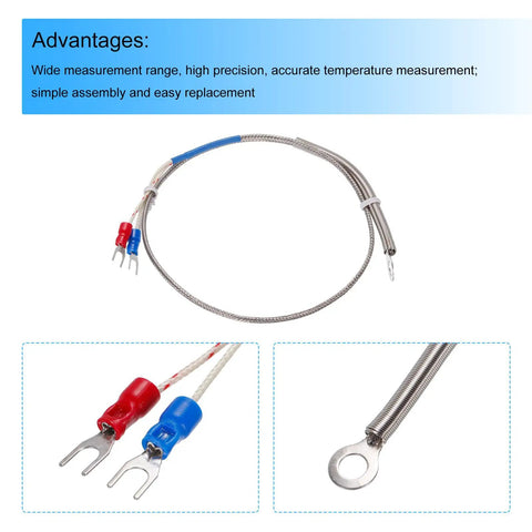 K Type Thermocouple Temperature Sensor Ring Probe, 6mm stainless steel ring with 1.6ft wire, connectors and ring detail visible.