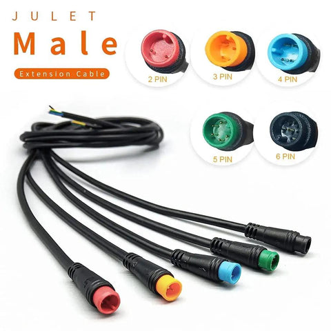 Waterproof Ebike Cable Extension Kit With Male And Female Two To Six Pin Connectors for Display, Throttle, and PAS, shown with colored plugs