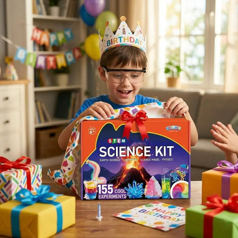 Child opening Science Kit With Over 60 To 155 Hands On Experiments And A Volcano STEM Lab For Curious Kids Ages 6 Plus