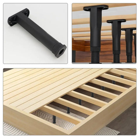 Image showing Six Piece Adjustable T Shaped Plastic Furniture Support Legs for beds and sofas, highlighting installation under a wooden bed frame.