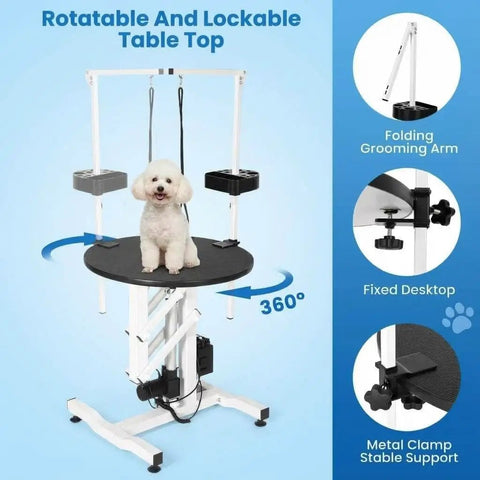 Elevate Your Grooming Game With This Heavy Duty Electric Hydraulic Pet Table Featuring A Rotating Waterproof Top, Remote And Foot Pedal Height Adjustments For Easy Back Saving Lifts Up To 250 Lbs Plus An Overhead Arm Tool Organizer System. Rotatable lockable table top with dog, folding arm, and metal clamp support.