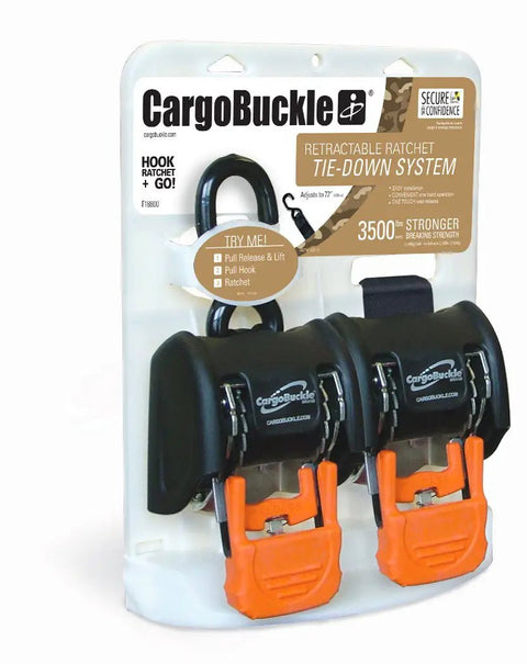 G3 Retractable Ratchet Tie-Downs 2x72 Pair in packaging, orange and black heavy duty cargo straps for trucks, trailers, vans